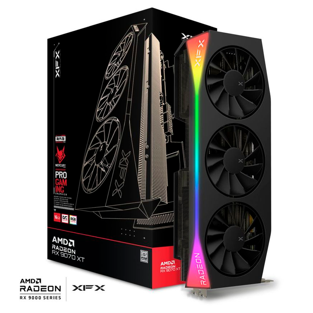 TARJETA DE VIDEO XFX (RX-97TRGBBB9) MERCURY RADEON RX9070XT, 16GB, 2570MHZ, 3*DP, HDMI, 3*FAN, NEGRO