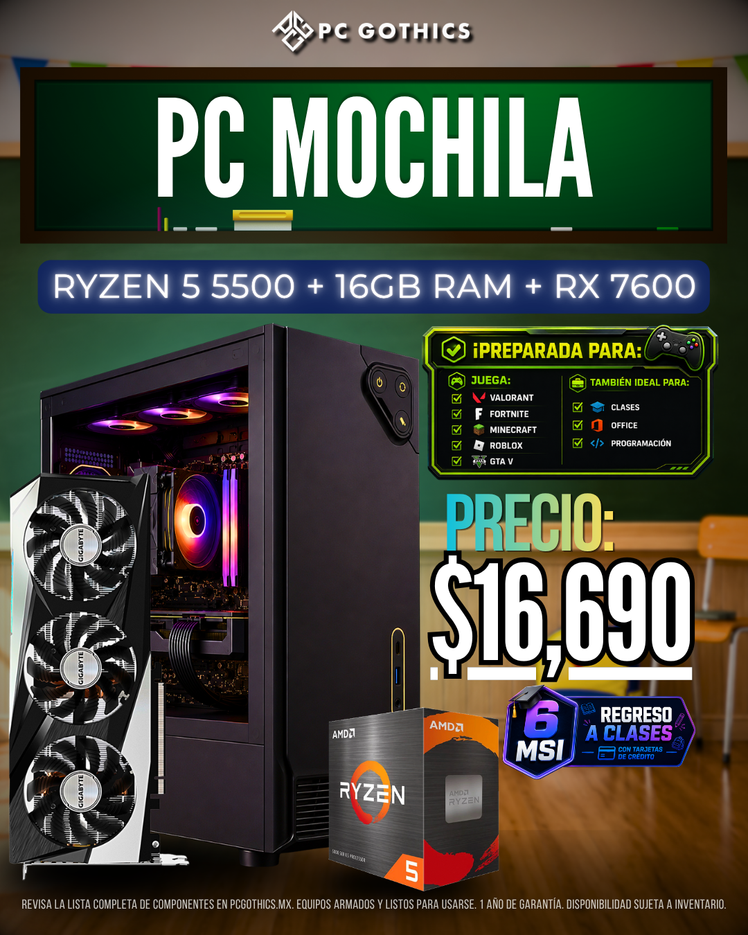 PC Mochila - Ryzen 5 5500 + 16GB RAM + RX 7600
