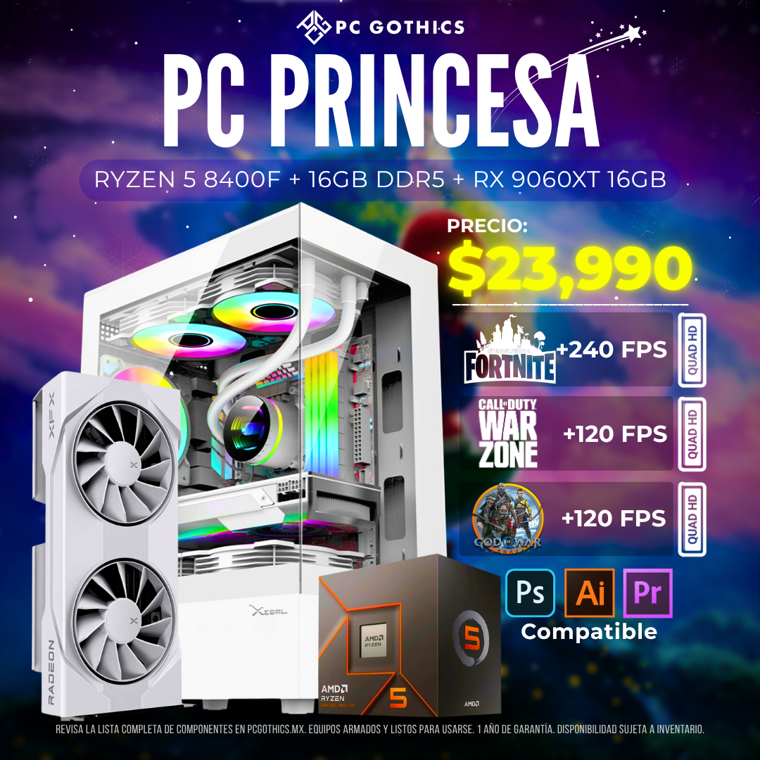 PC Ryzen 5 8400F + 16 GB RAM DDR5 + M.2 1 TB + RX 9060XT - (PC Princesa)