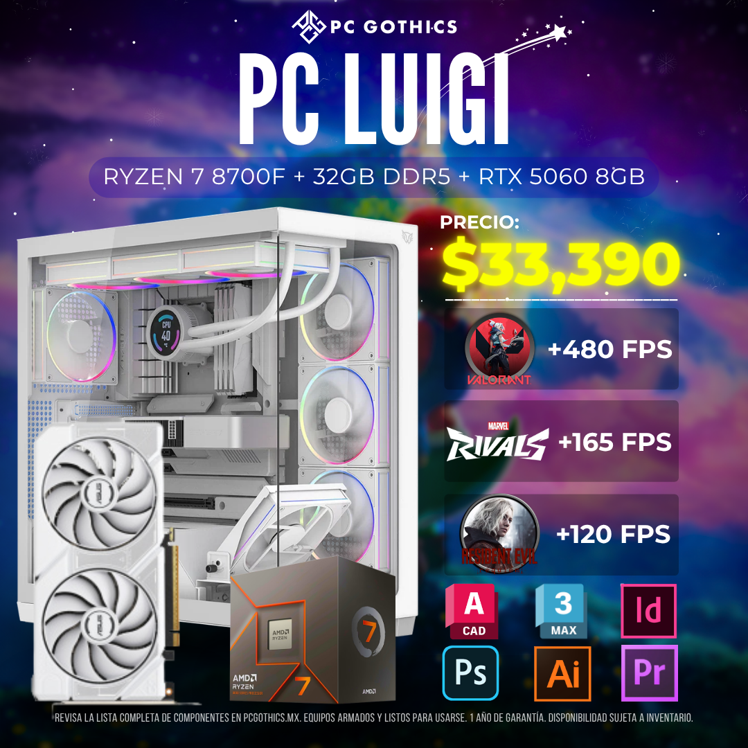 PC Ryzen 7 8700F + 32 GB DDR5 + 1 TB + RTX 5060 - (PC Luigi)