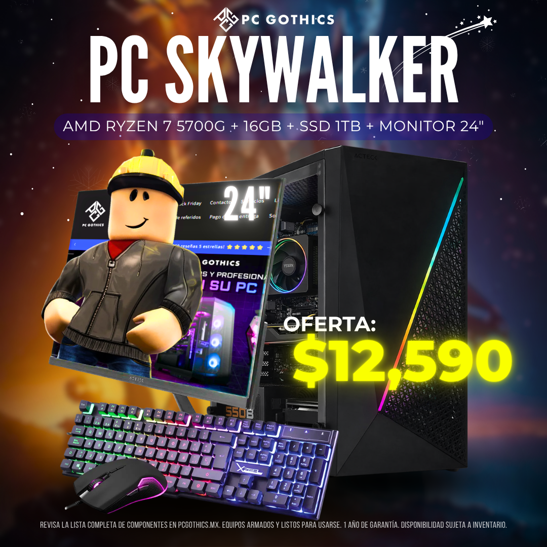 PC Ryzen 7 5700G + 16GB RAM + SSD 1TB + Monitor 24" + Periféricos - (PC Skywalker)