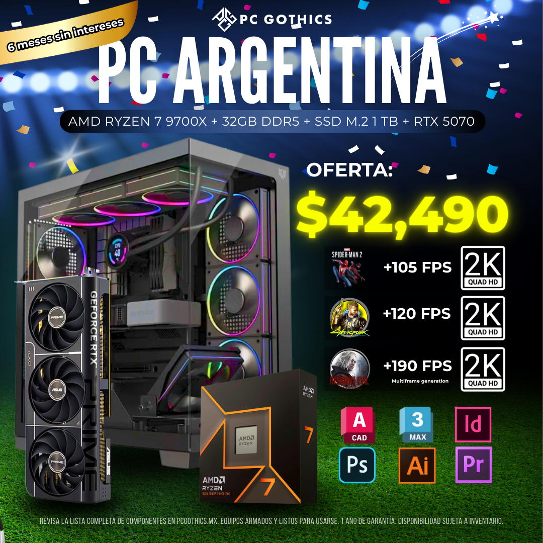 PC Ryzen 7 9700X + 32 GB RAM DDR5 + 1TB + RTX 5070 - (PC Argentina)