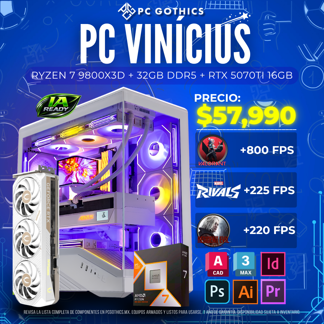 PC Ryzen 7 9800X + 32GB DDR5 + RTX 5070 TI 16 GB - (PC Vinicius)
