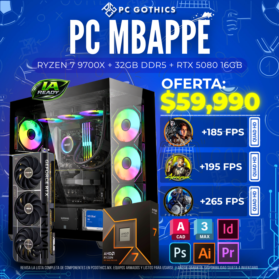 PC Ryzen 7 9700X + 32GB DDR5 + RTX 5080 16GB - (PC MBAPPÉ)