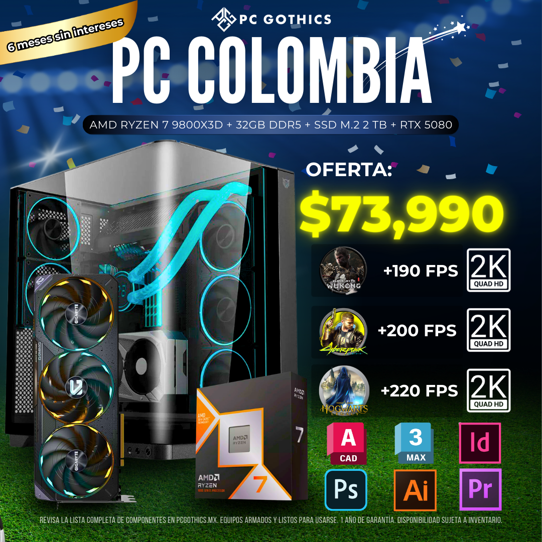 PC Ryzen 7 9800X3D + 32 GB DDR5 + 2TB + RTX 5080 - (PC Colombia)