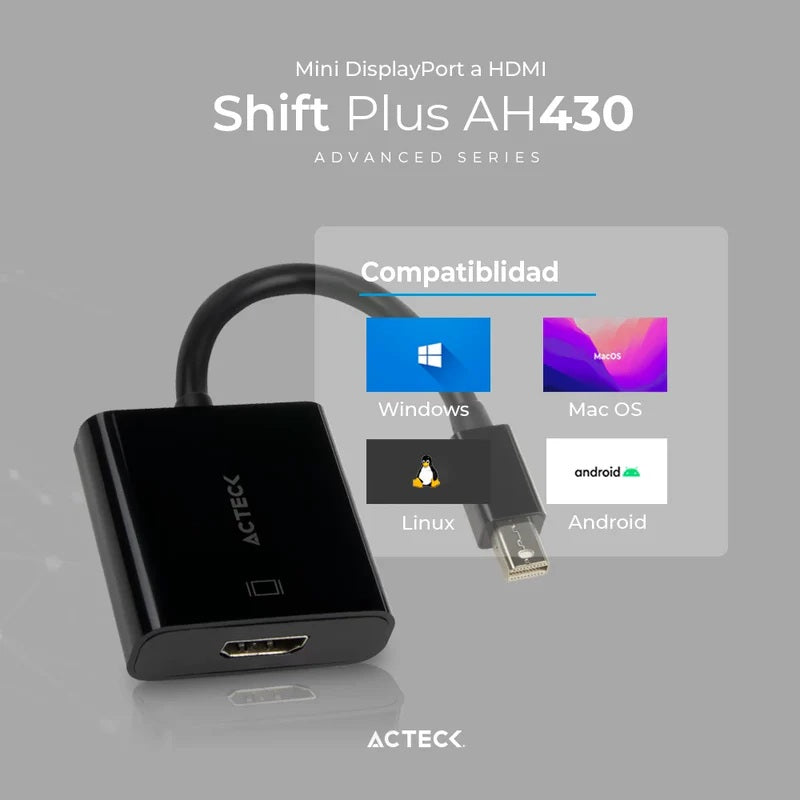 ADAPTADOR ACTECK (AC-934770) SHIFT PLUS AH430,MINI DISPLAY PORT MACHO A HDMI HEMBRA,4K,NEGRO-8