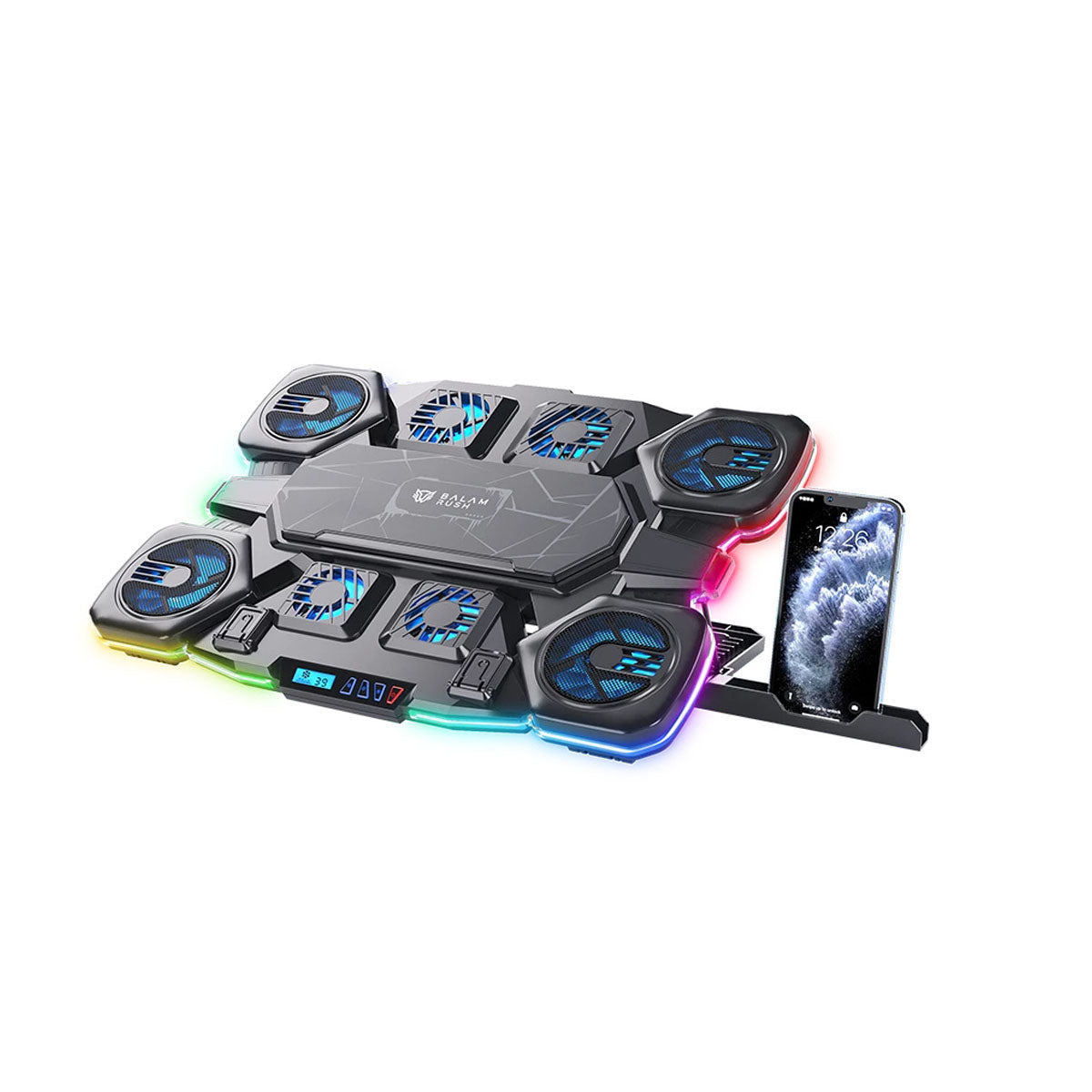 BASE ENFRIADORA BALAM RUSH (BR-941112) EOLOX CRYOTECH EF780, P/LAPTOP 17",9 FAN,7 NIVELES,RGB,NEGRO