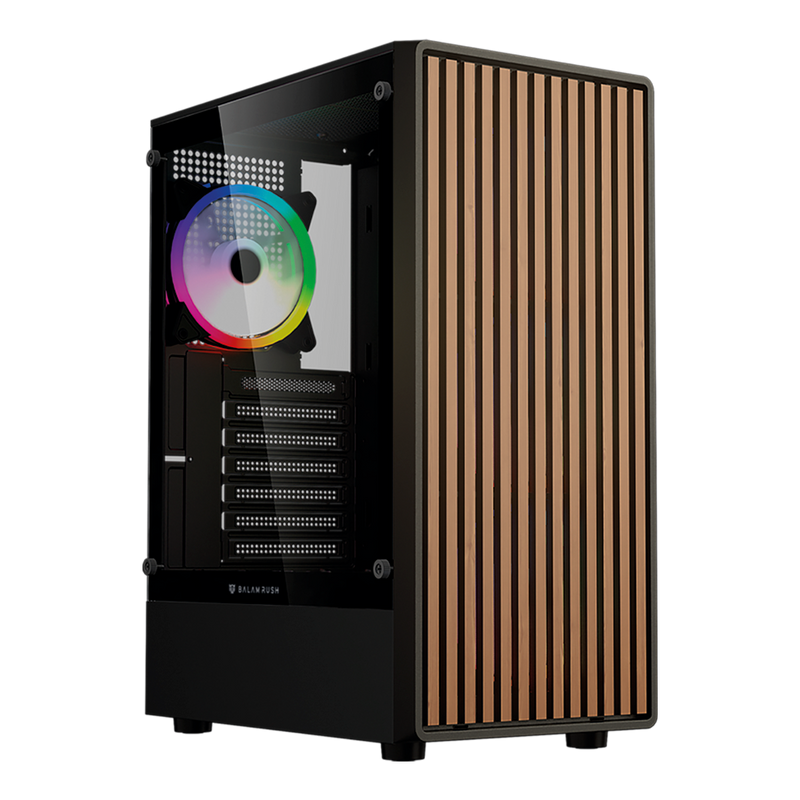 GABINETE BALAM RUSH(BR-943949)DRAGONFLY WOOD GM580,ATX, SIN FUENTE,USB A 3.0,USB A 2.0,4 FAN ARGB,PANEL CRISTAL+FRENTE TIPO MADERA,NEGRO