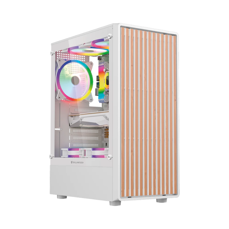 GABINETE BALAM RUSH(BR-943970)DRAGONFLY WOOD GM580,ATX, SIN FUENTE,USB A 3.0,USB A 2.0,4 FAN ARGB,PANEL CRISTAL+FRENTE TIPO MADERA,BLANCO