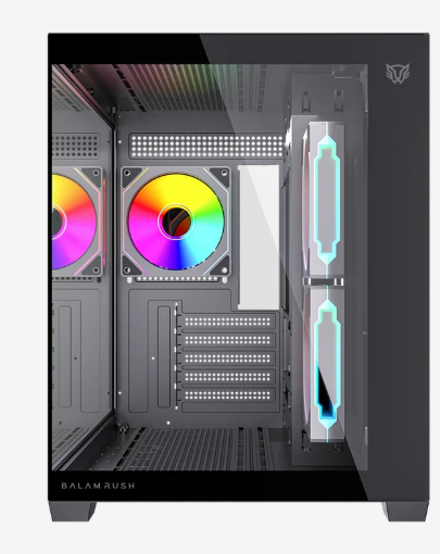 GABINETE BALAM RUSH(BR-943840)TANK CORE PRO GI925,MAX M-ATX,S/FUENTE,1*USB A 3.0+3FAN 120MM ARGB 4 PIN,FULL CRISTAL,NEGRO