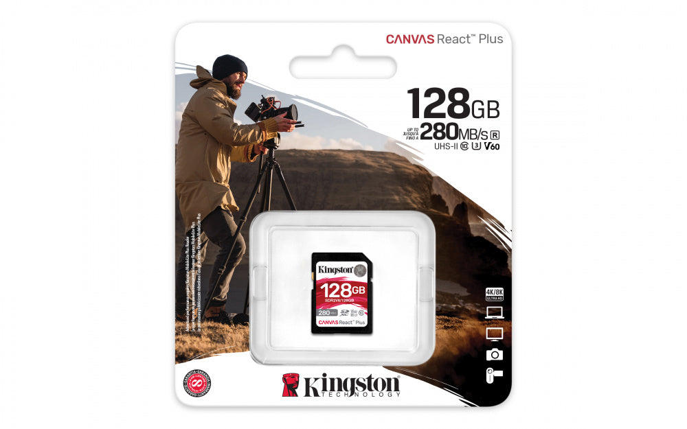 MEMORIA SD SDXC KINGSTON 128GB (SDR2V6/128GB) CANVAS REACT PLUS V60, UHS-II CLASE 10