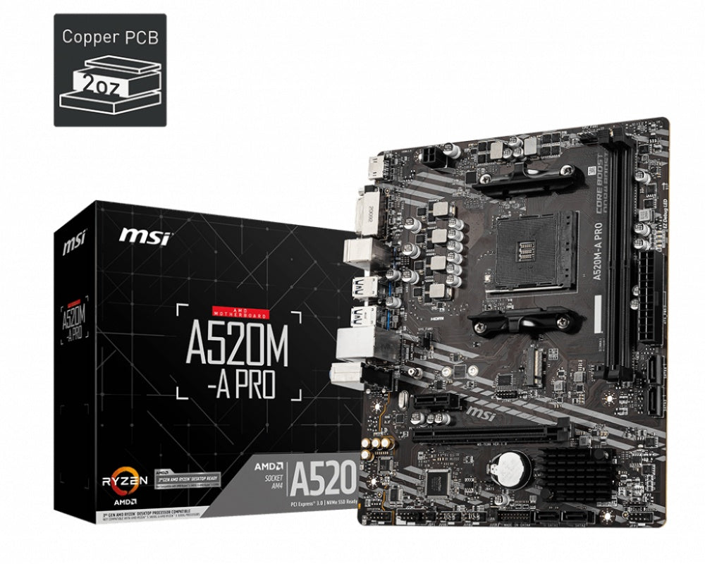 MOTHERBOARD MSI (A520M-A PRO) SOCKET AM4, 2*DDR4 4400, HDMI,DVI-D, M-ATX