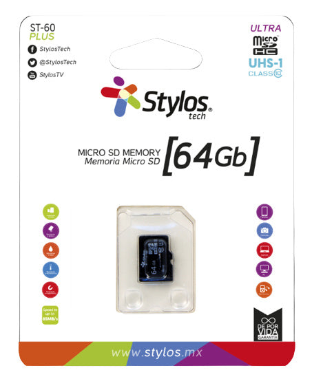 MEMORIA MICROSD STYLOS (STMS641B) 64GB, CLASE 10, CON ADAPTADOR, NEGRO-1