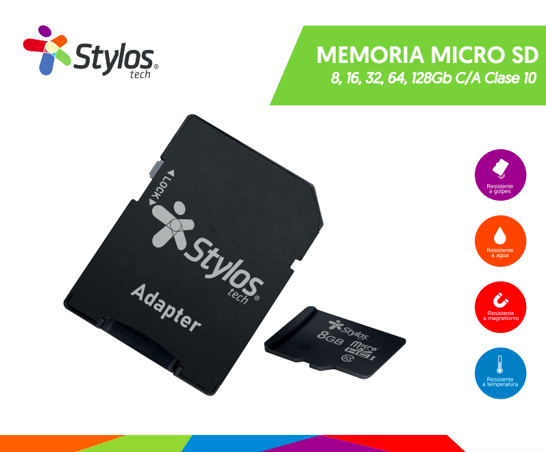 MEMORIA MICROSD STYLOS (STMSD81B) 8GB, CLASE 10, CON ADAPTADOR, NEGRO