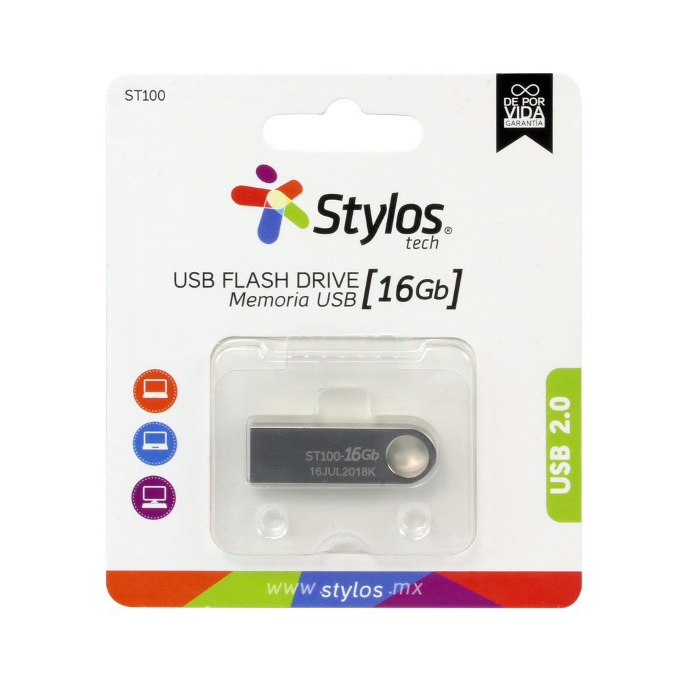 MEMORIA USB STYLOS (STMUSB2B) 16GB, ST100, USB 2.0, METAL PLATA