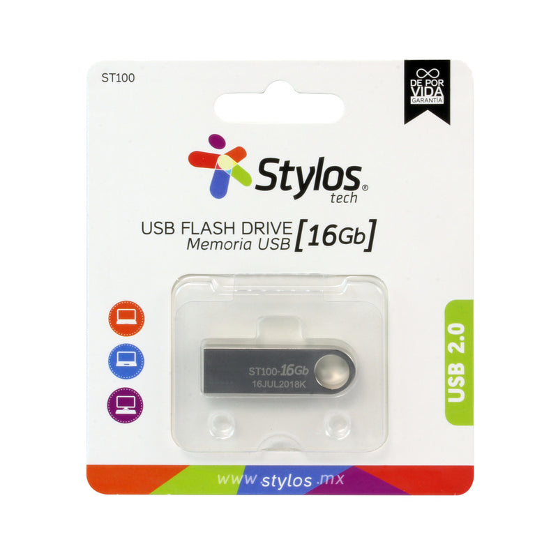 MEMORIA USB STYLOS (STMUSB2B) 16GB, ST100, USB 2.0, METAL PLATA-2