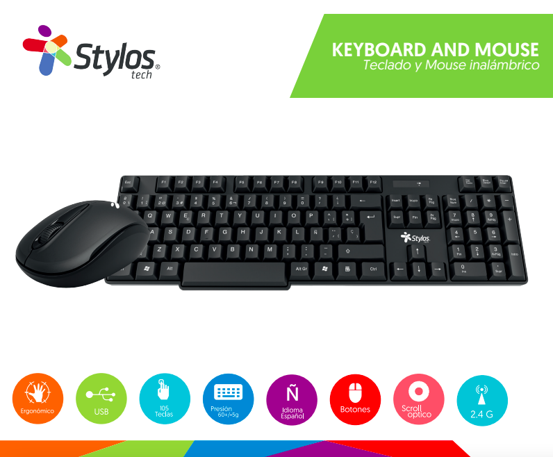 KIT TECLADO Y MOUSE INALAMBRICO STYLOS (STPKTM3B) 105 TECLAS,MOUSE 3 BOTONES,1000DPI,USB NANO,NEGRO