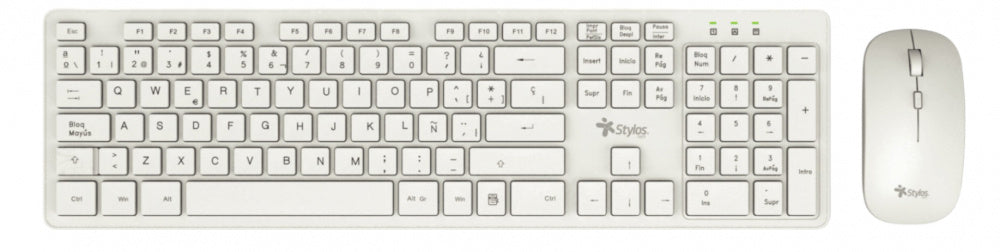KIT TECLADO Y MOUSE INALAMBRICO STYLOS (STPKTM5W),105 TECLAS,MOUSE 2 BOTONES,1600DPI,USB NANO,BLANCO