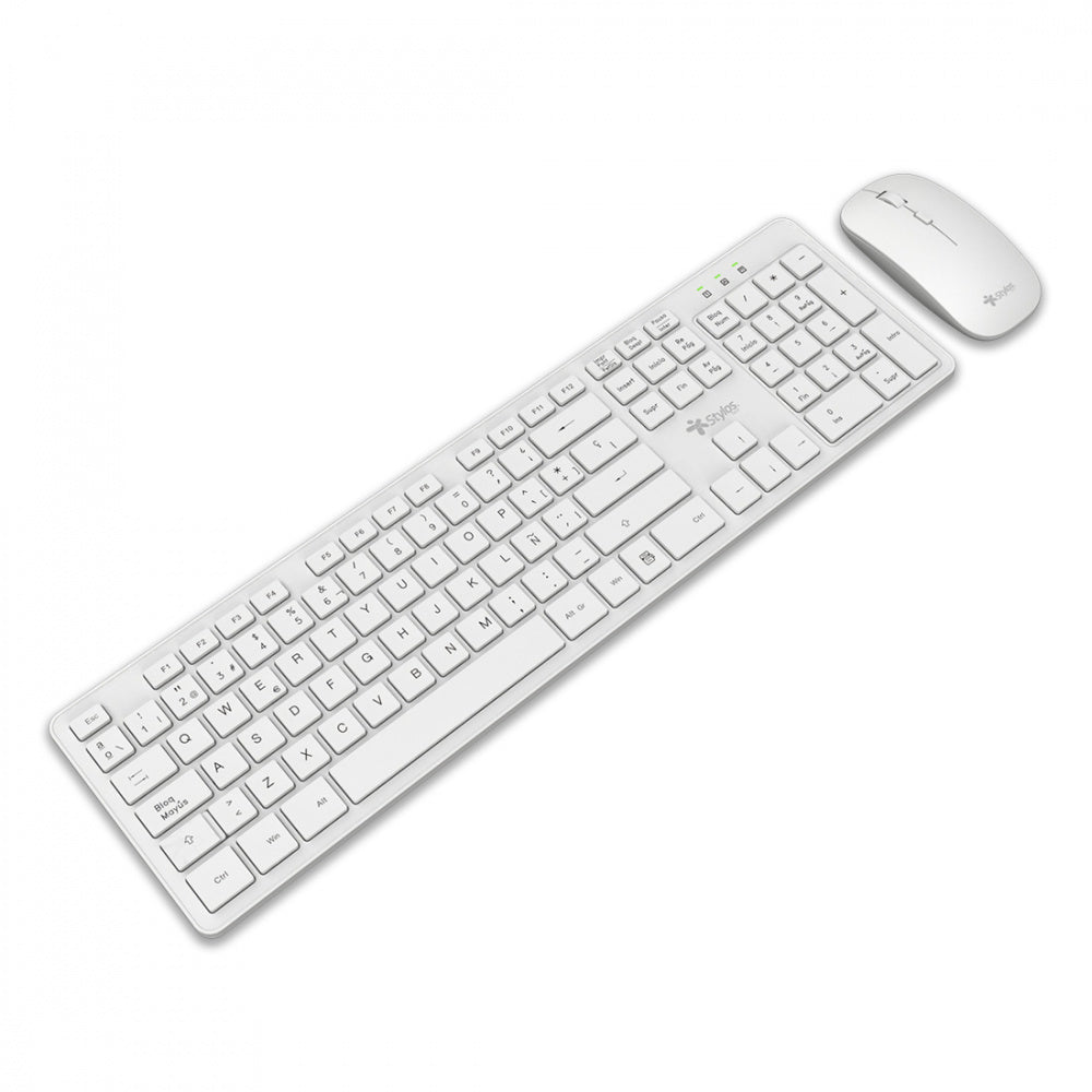 KIT TECLADO Y MOUSE INALAMBRICO STYLOS (STPKTM5W),105 TECLAS,MOUSE 2 BOTONES,1600DPI,USB NANO,BLANCO