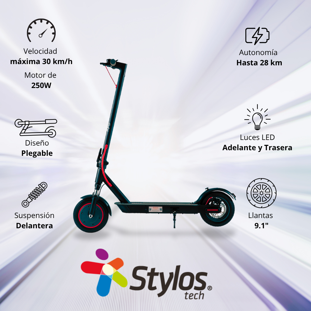 SCOOTER ELECTRICO STYLOS (STSCM02B) M2, HASTA 30KM/H, 250W, MAX. 120KG, NEGRO/ROJO