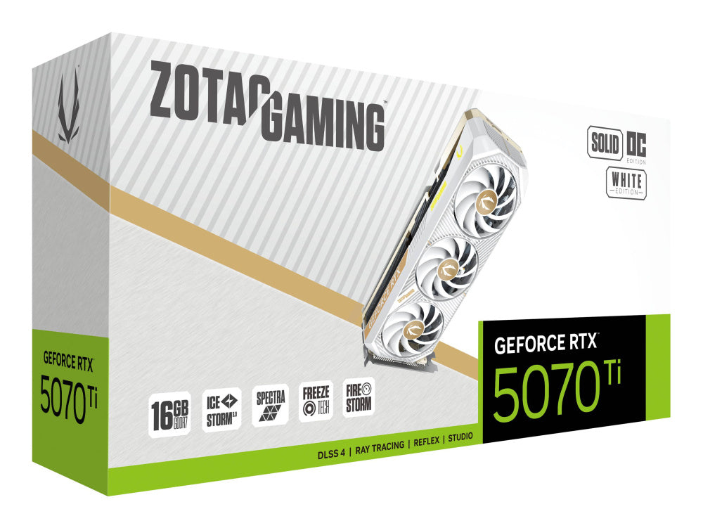 TARJETA DE VIDEO ZOTAC (ZT-B50710Q2-10P) RTX 5070TI SOLID OC WHITE 16GB GDDR7,2482 MHZ,PCIE 5,3*DP,3*FAN