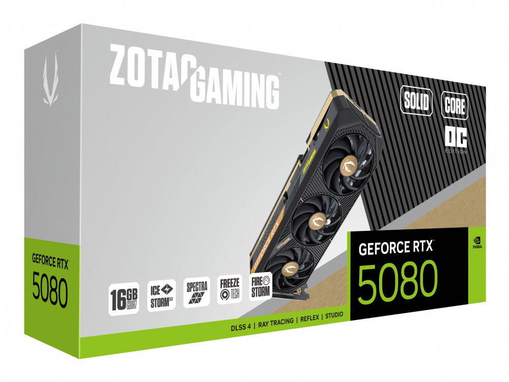 TARJETA DE VIDEO ZOTAC (ZT-B50800J2-10P) RTX 5080 SOLID CORE OC,16GB GDDR7,2640 MHZ,PCIE 5,3*FAN