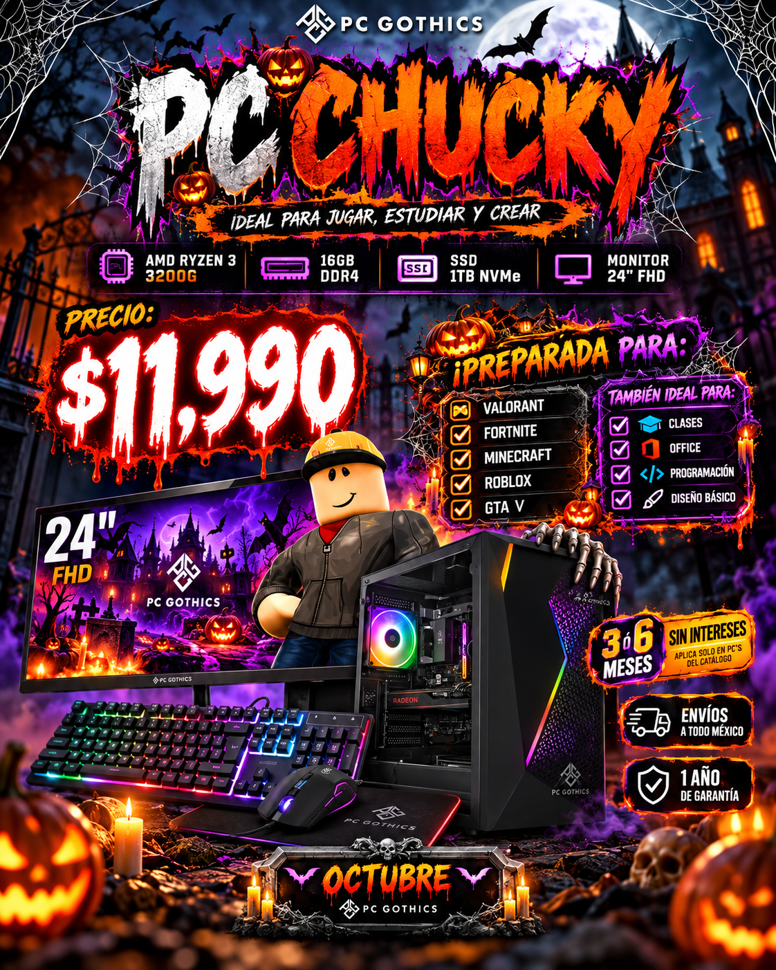 PC CHUCKY - Ryzen 3 3200G + 16GB RAM + 500GB M.2 + MONITOR 24" FHD + TECLADO Y MOUSE GAMER
