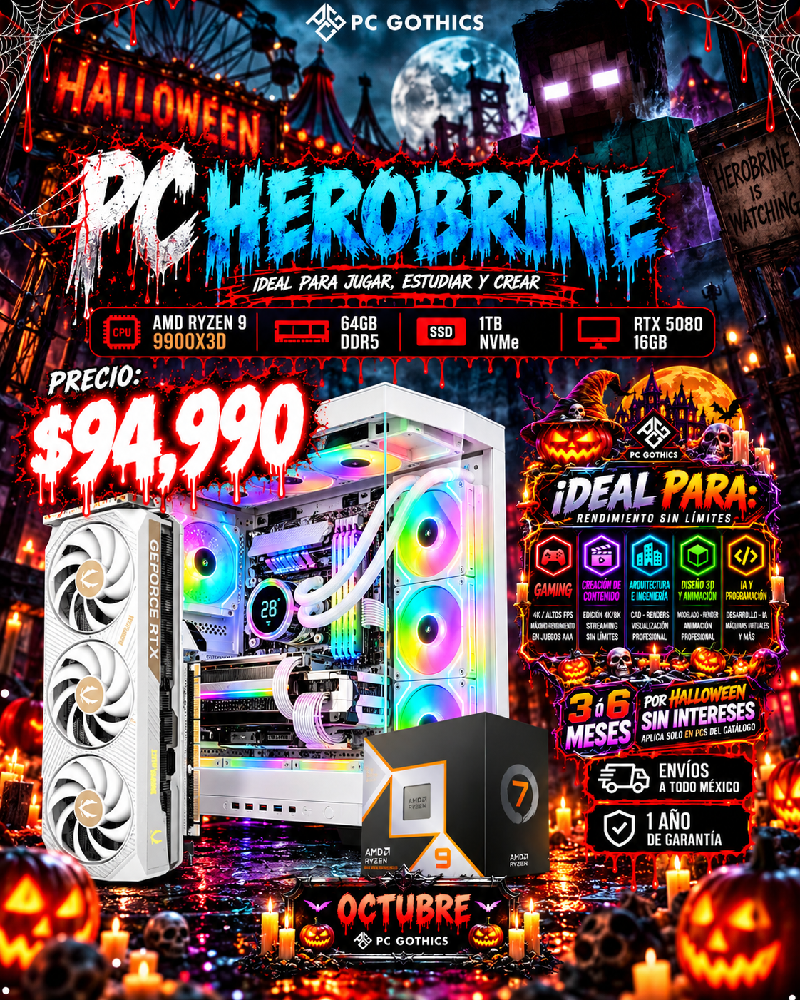 PC HEROBRINE - Ryzen 9 9900X3D + 64GB RAM DDR5 + RTX 5080 16GB-1