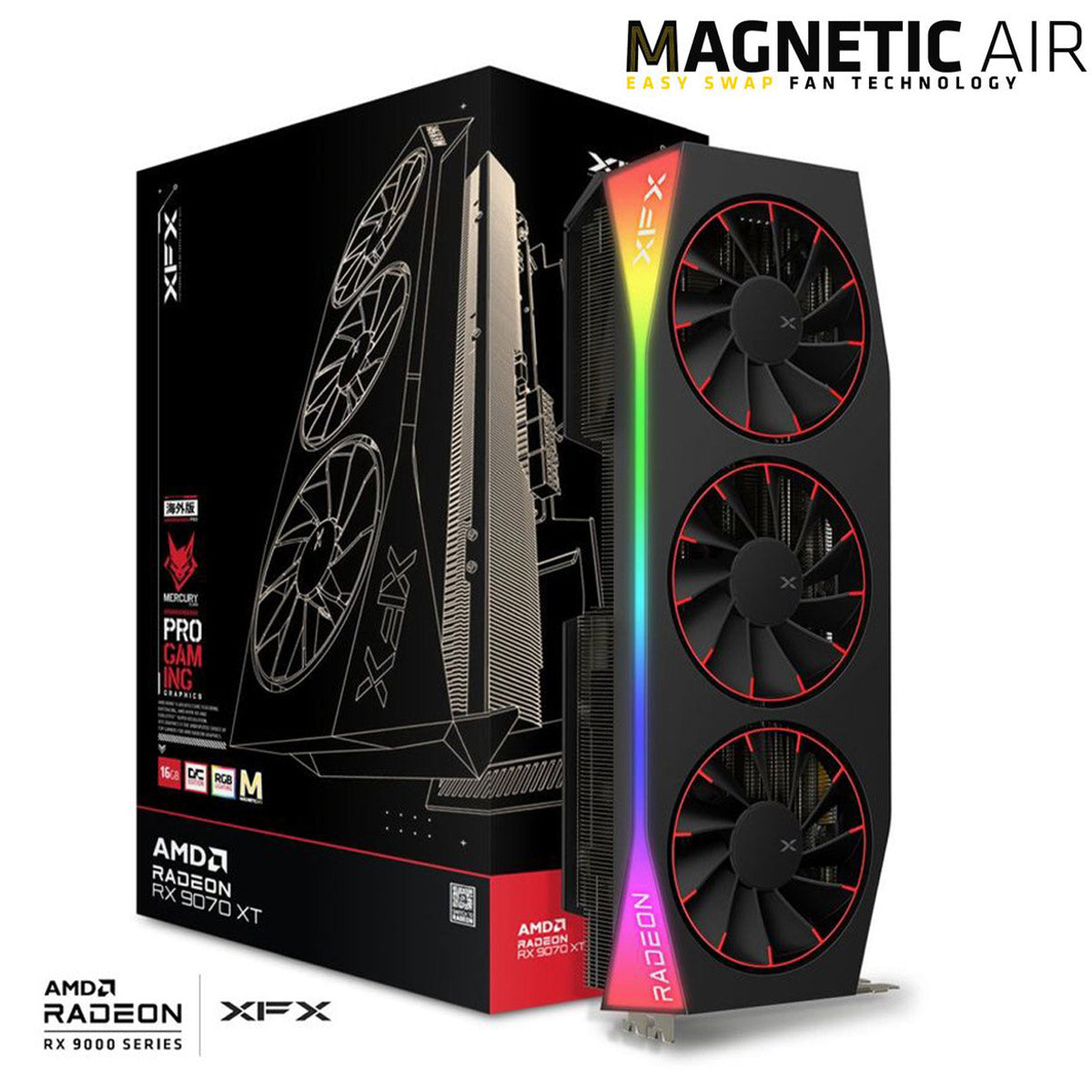 TARJETA DE VIDEO XFX (RX-97TMARGB9) MERCURY RADEON RX9070XT,16GB,2570MHZ,3*DP,HDMI,MAGNETIC AIR,NEGRO