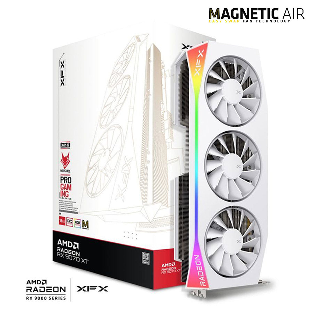 TARJETA DE VIDEO XFX (RX-97TMARGB9) MERCURY RADEON RX9070XT,16GB,2570MHZ,3*DP,HDMI,MAGNETIC AIR,BLANCO