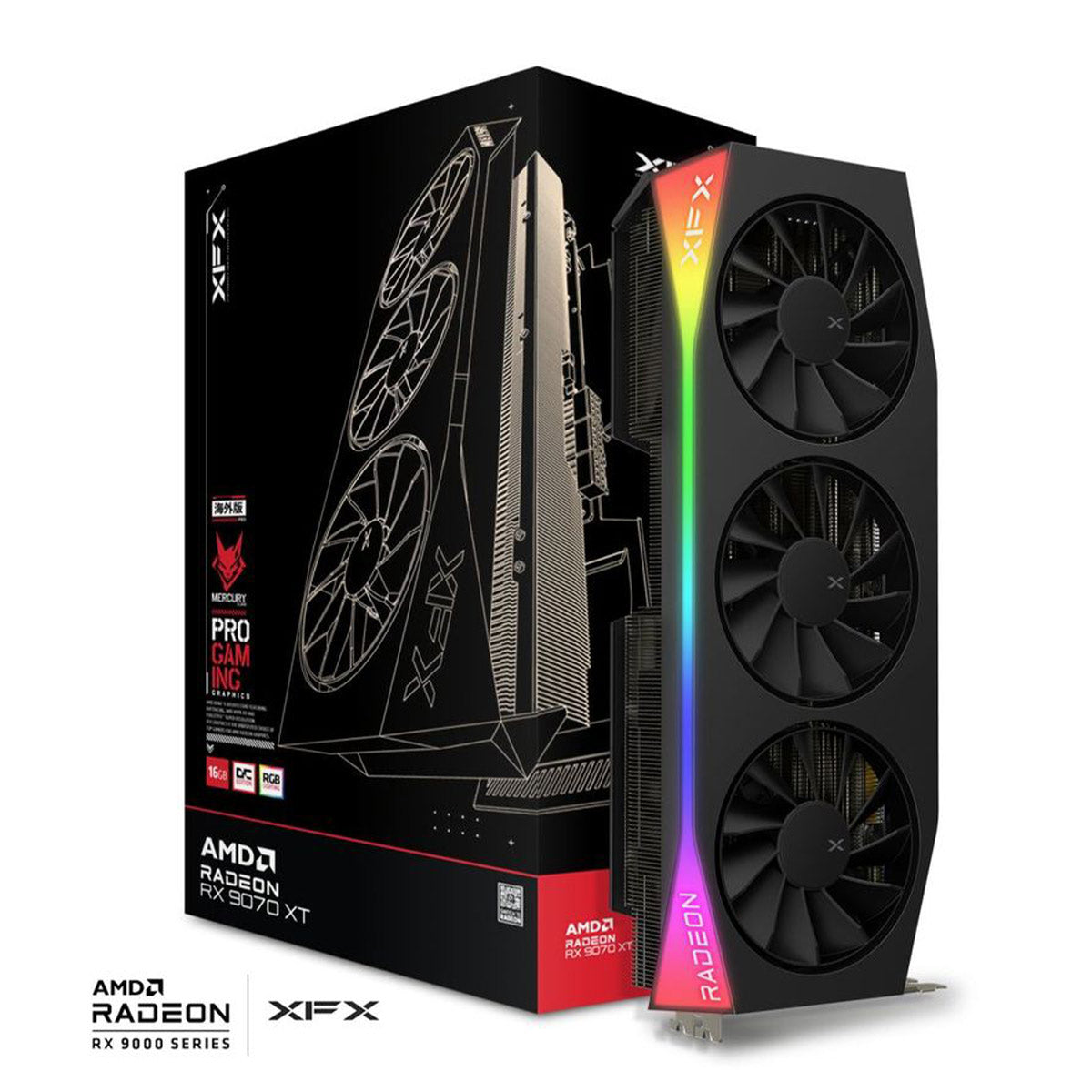 TARJETA DE VIDEO XFX (RX-97TRGBBB9) MERCURY RADEON RX9070XT, 16GB, 2570MHZ, 3*DP, HDMI, 3*FAN, NEGRO
