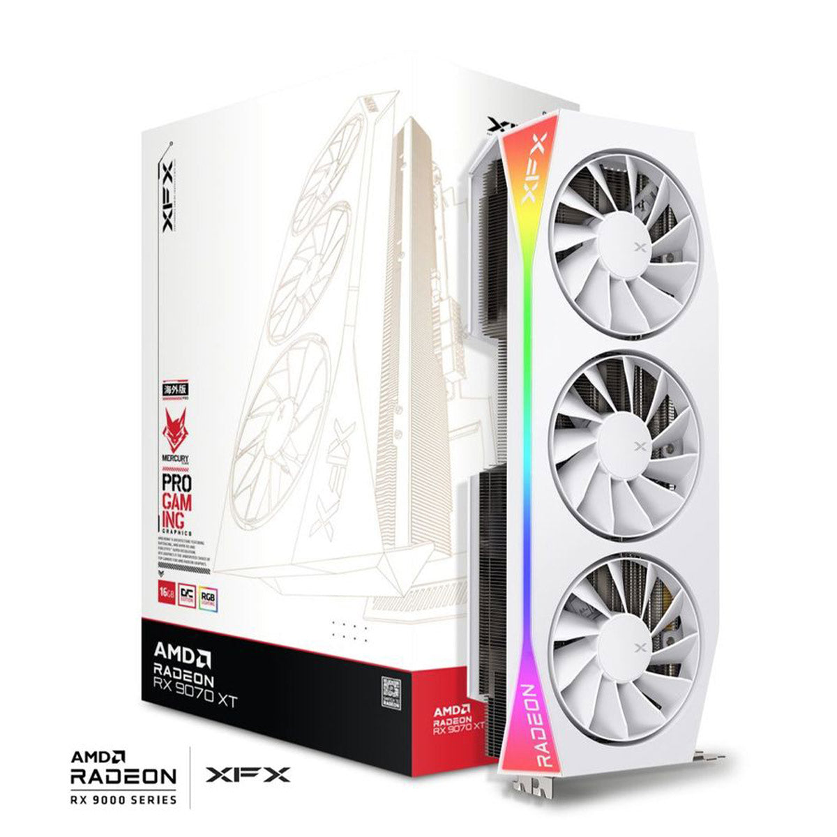 TARJETA DE VIDEO XFX (RX-97TRGBBW9) MERCURY RADEON RX 9070XT,16GB GDDR6,2570MHZ,3*DP,HDMI, BLANCA-1