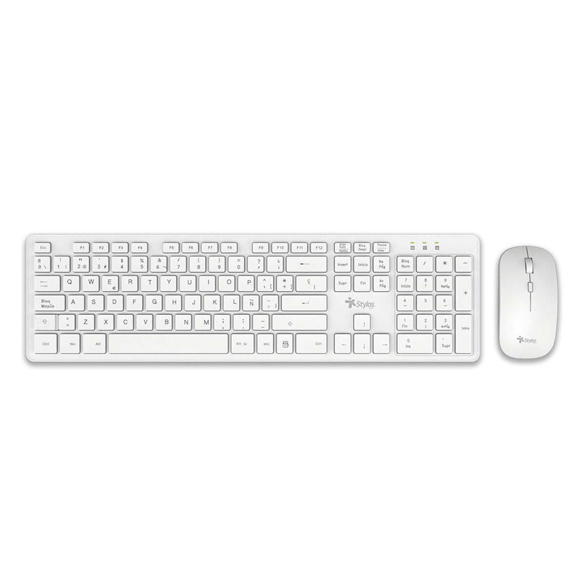KIT TECLADO Y MOUSE INALAMBRICO STYLOS (STPKTM5W),105 TECLAS,MOUSE 2 BOTONES,1600DPI,USB NANO,BLANCO