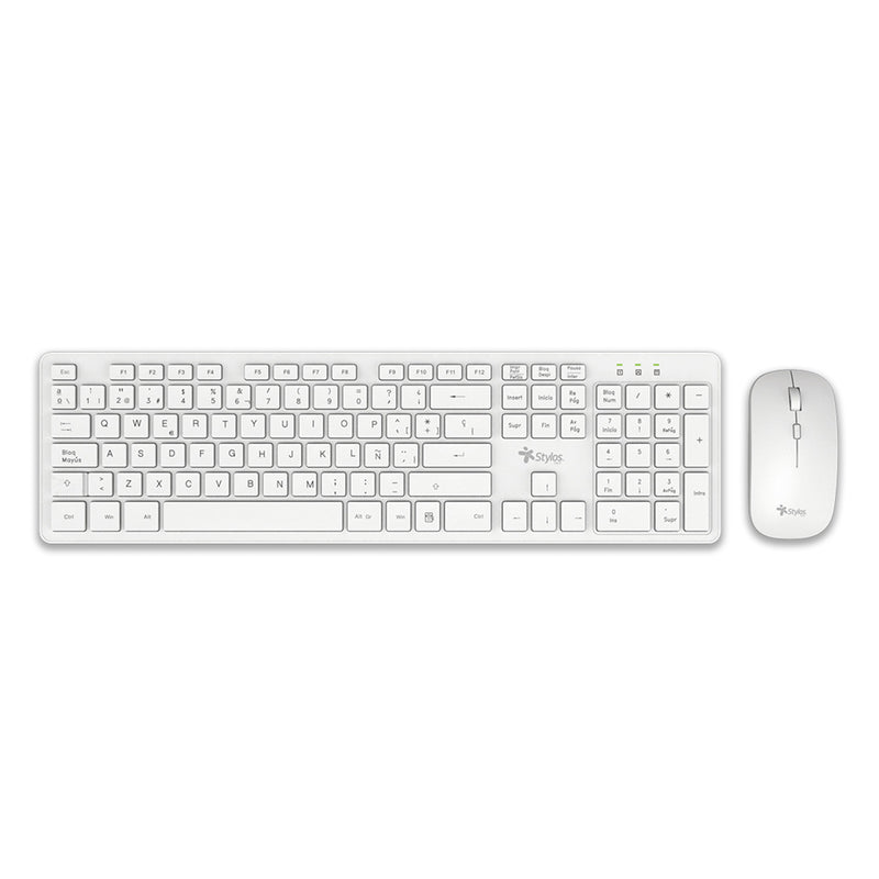 KIT TECLADO Y MOUSE INALAMBRICO STYLOS (STPKTM5W),105 TECLAS,MOUSE 2 BOTONES,1600DPI,USB NANO,BLANCO-1
