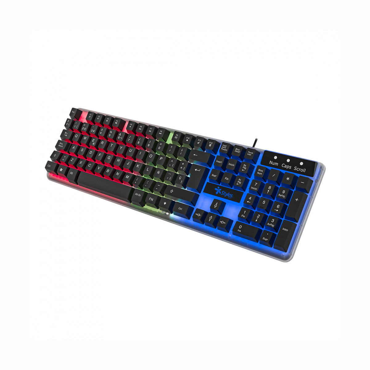 TECLADO ALAMBRICO STYLOS (STTEALLED1T) 105 TECLAS, MEMBRANA, USB, LED, TRANSPARENTE