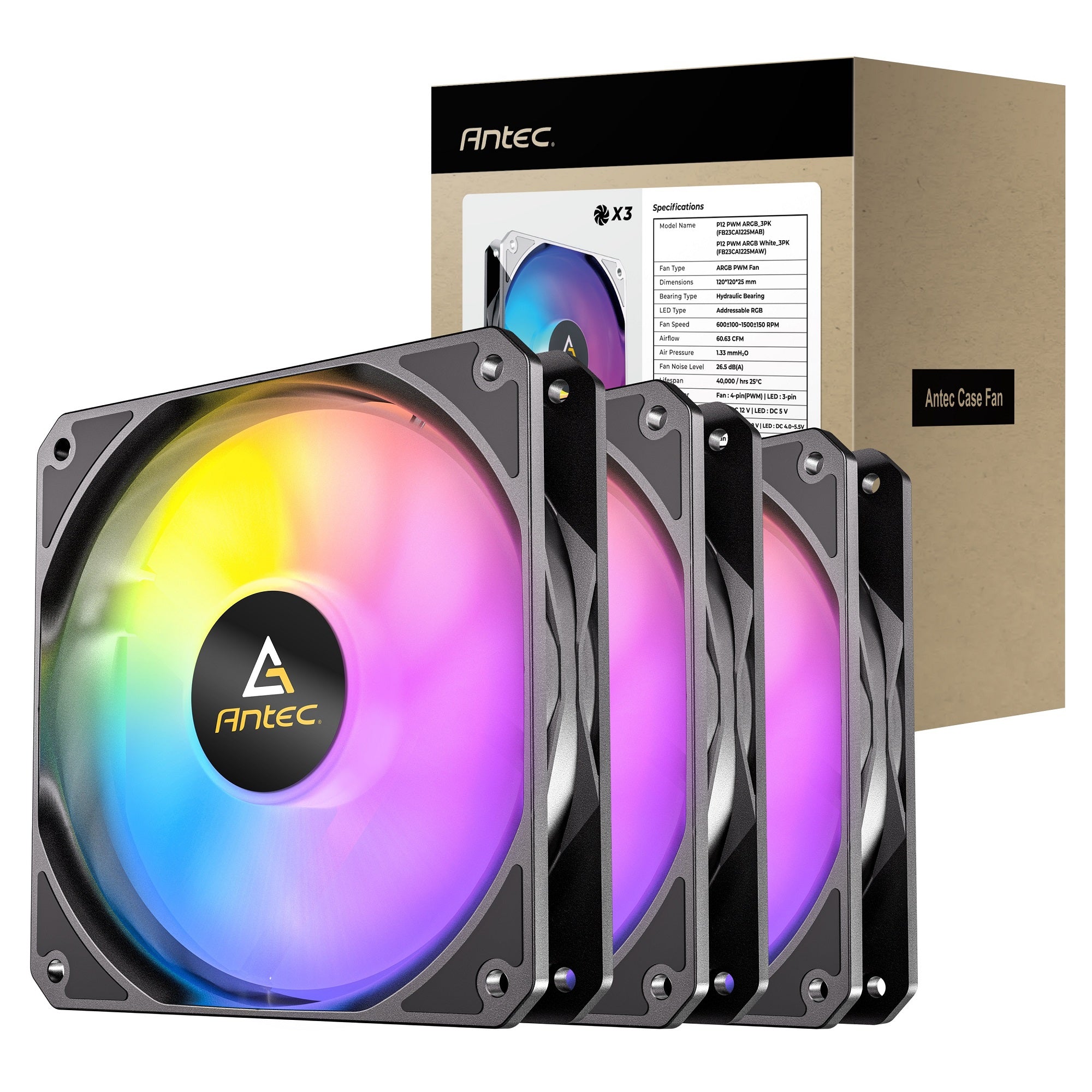 VENTILADOR P/GABINETE ANTEC (P12 PWM ARGB_3PK) 3 FAN 120MM INVERSO ARGB,1500RPM,NEGRO