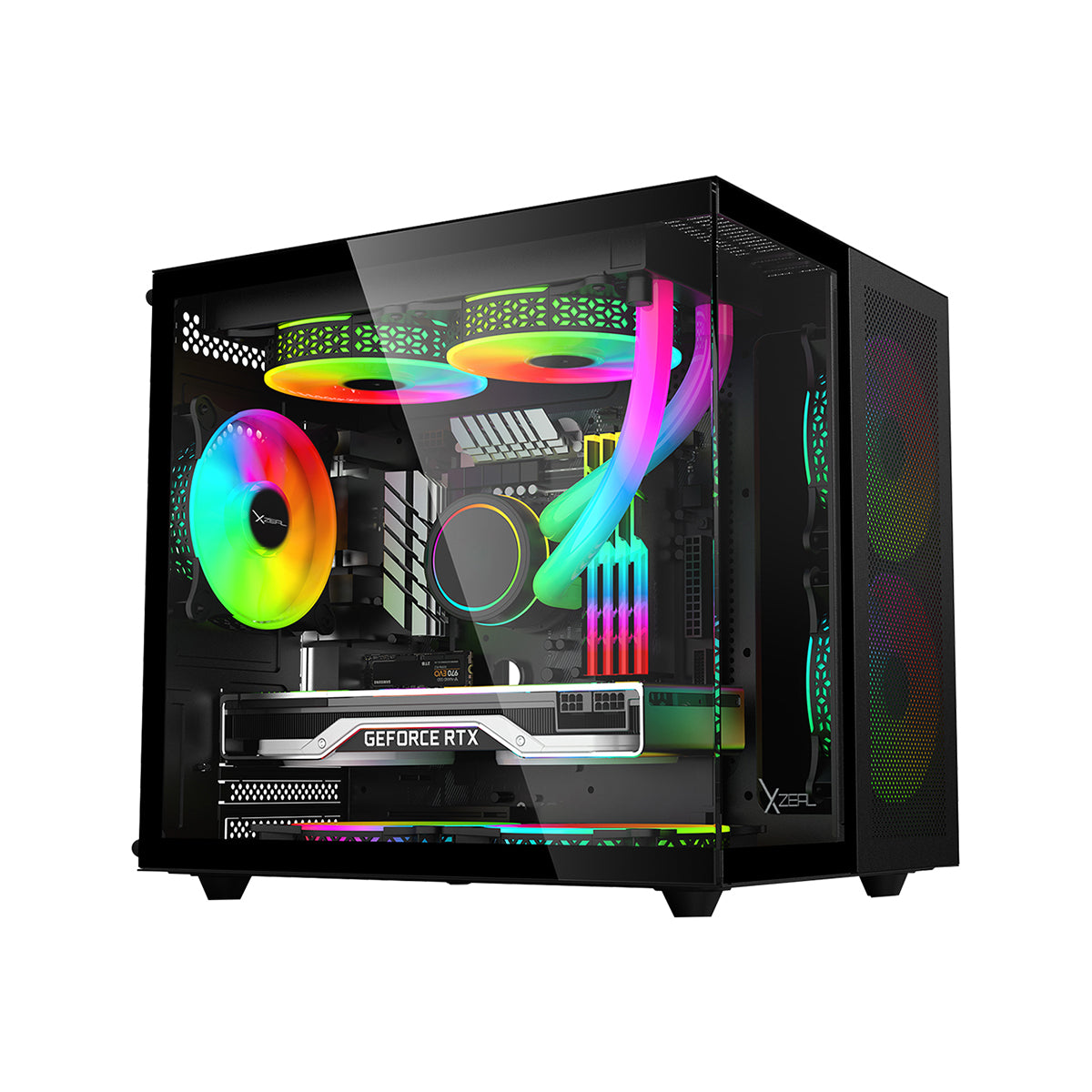 GABINETE XZEAL (XZGAMC1B) CUBO, MINI ITX,CRISTAL, 3*VENT ARGB,SIN FUENTE, NEGRO-1