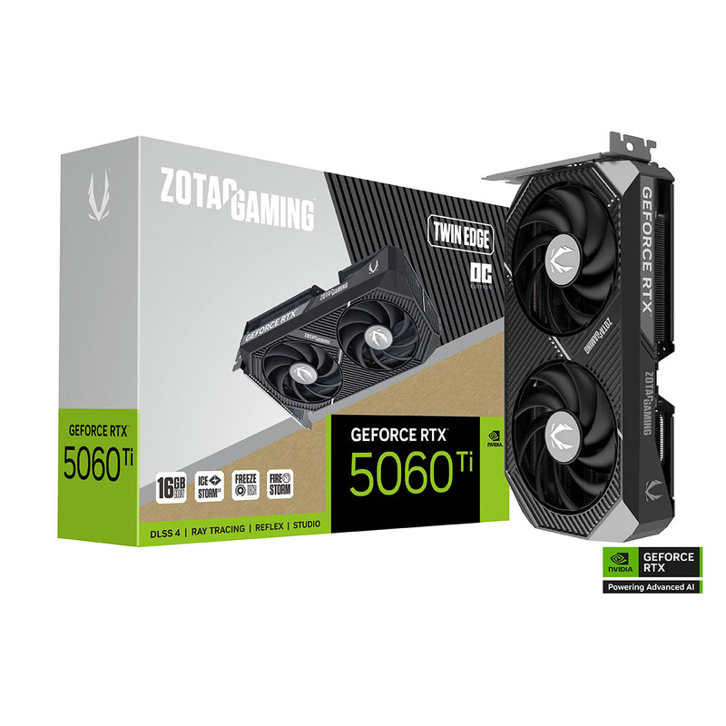 TARJETA DE VIDEO ZOTAC (ZT-B50620H-10M) RTX 5060TI TWIN EDGE OC 16GB GDDR7,2602 MHZ,PCIE 5,HDMI,3*DP,2*FAN-1