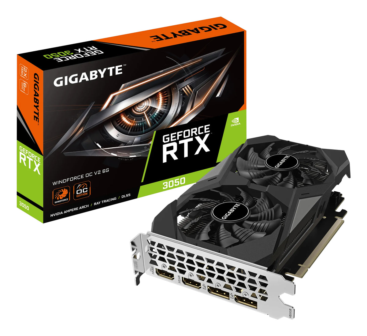 TARJETA DE VIDEO GIGABYTE (GV-N3050WF2OCV2-6GD) RTX 3050,GDDR6,PCIE 4.0,2*HDMI,2*DP,2 FAN